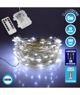 79781 Διακοσμητική Γιρλάντα Μπαταρίας 10 Μέτρων 100 LED 6 Watt με Ασημένιο Συρμάτινο Καλώδιο και Ασύρματο Χειριστήριο Ψυχρό Λευκό 6000K